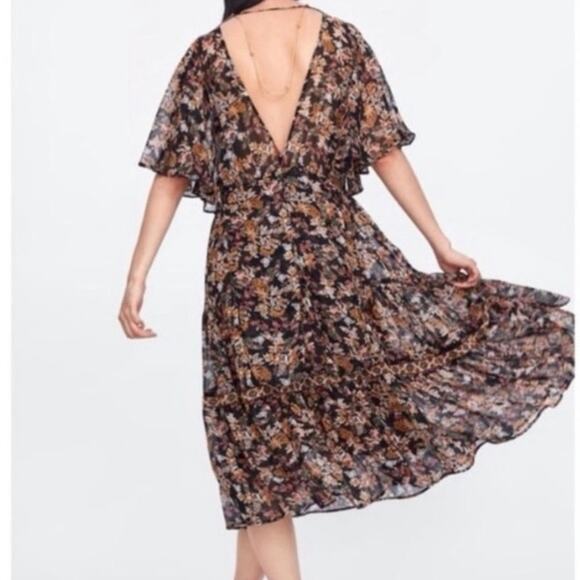 Zara Dress Boho Floral Chiffon Midi Ruffle Flutter Sleeves Size Small - Picture 9 of 9